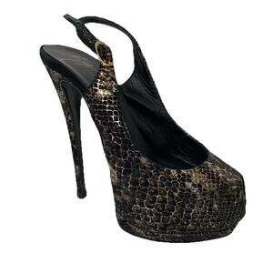 Giuseppe Zanotti Embossed Snakeskin Platform Pump Slingback Gold Black Peep 35